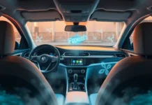 Car Odor Eliminator: Best Ways to Remove Bad Smells A clean, modern car interior with a glowing Car Odor Eliminator
