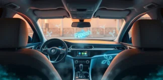 A clean, modern car interior with a glowing Car Odor Eliminator