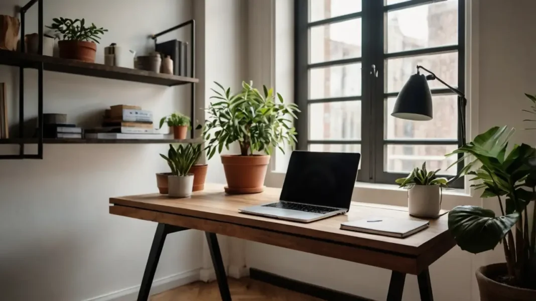 A cozy and stylish remote work space with a sleek desk A cozy and stylish remote work space with a sleek desk