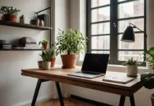 A cozy and stylish remote work space with a sleek desk