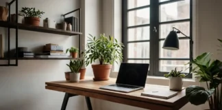 A cozy and stylish remote work space with a sleek desk