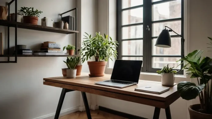 A cozy and stylish remote work space with a sleek desk