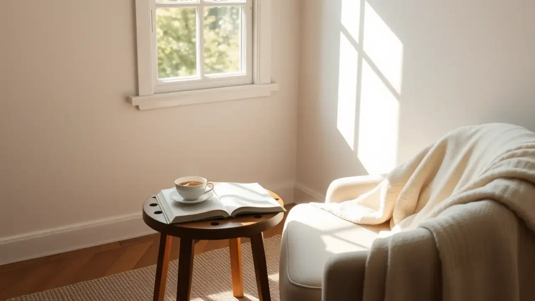 A cozy minimalist setting with a book, cup of tea, soft blanket, and morning light – peaceful, calming aesthetic for slow living.