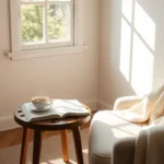 A cozy minimalist setting with a book, cup of tea, soft blanket, and morning light – peaceful, calming aesthetic for slow living.
