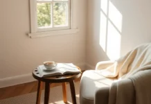 Slow Living Quotes to Embrace a Peaceful Life A cozy minimalist setting with a book, cup of tea, soft blanket, and morning light – peaceful, calming aesthetic for slow living.