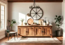 A cozy, sunlit dining room featuring a rustic farmhouse sideboard buffet cabinet made of reclaimed wood