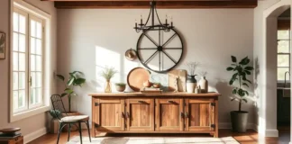 A cozy, sunlit dining room featuring a rustic farmhouse sideboard buffet cabinet made of reclaimed wood