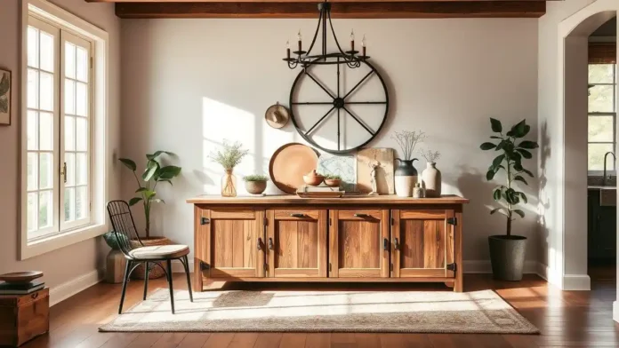 A cozy, sunlit dining room featuring a rustic farmhouse sideboard buffet cabinet made of reclaimed wood