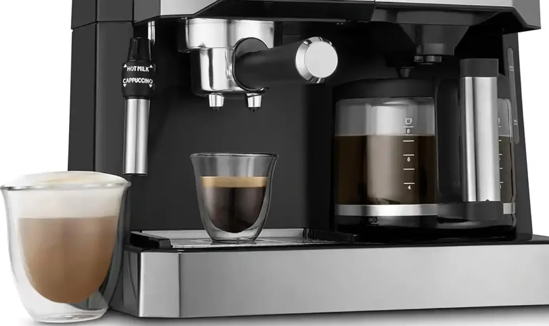 A modern kitchen countertop with a stylish dual coffee maker
