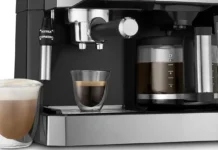 A modern kitchen countertop with a stylish dual coffee maker