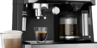 A modern kitchen countertop with a stylish dual coffee maker