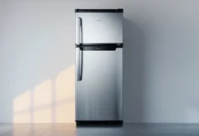 Top-Freezer Refrigerators: Best Brands & Buying Guide A modern kitchen interior with a sleek stainless steel top-freezer refrigerator
