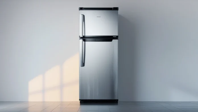 A modern kitchen interior with a sleek stainless steel top-freezer refrigerator