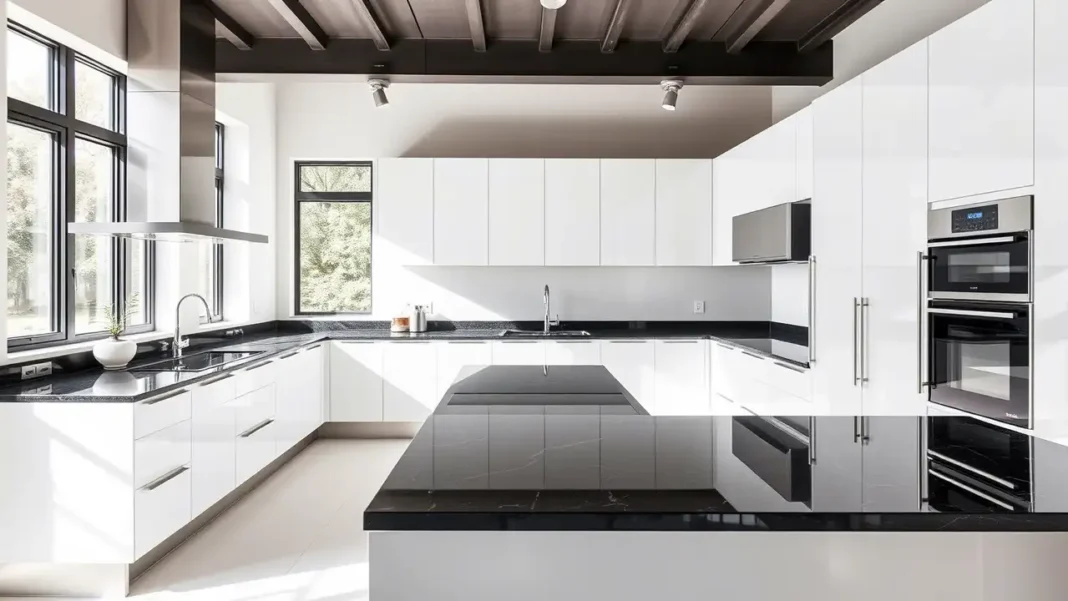 A modern kitchen with sleek black granite worktops