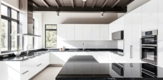 A modern kitchen with sleek black granite worktops
