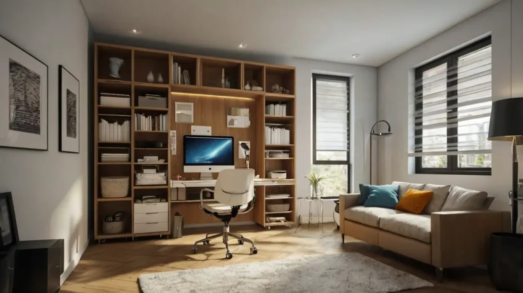 A modern, minimalistic apartment featuring space saving solutions