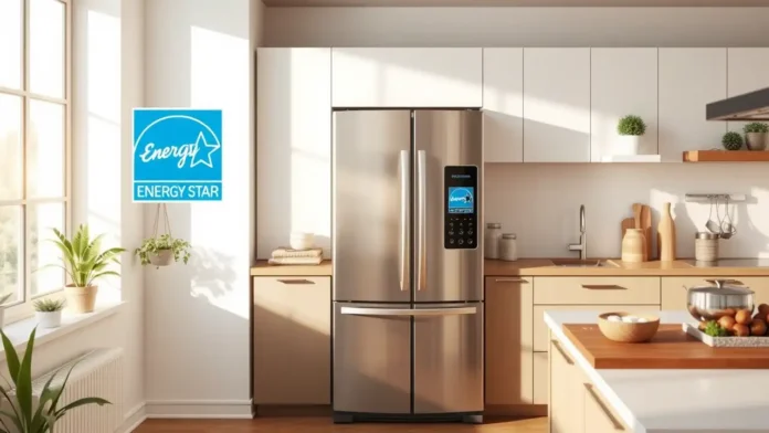 A modern, sleek kitchen with a stylish energy efficient fridge