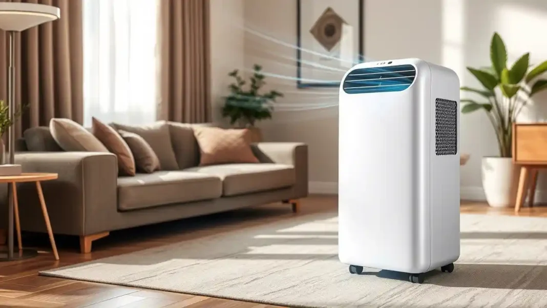 A modern small portable ac in a cozy, stylish living room