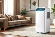 A modern small portable ac in a cozy, stylish living room