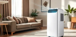 A modern small portable ac in a cozy, stylish living room