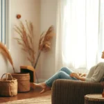 A serene minimalist scene with a woman reading a book, natural light, cozy textures, and calming earthy tones—symbolizing the slow living lifestyle.