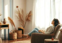 A serene minimalist scene with a woman reading a book, natural light, cozy textures, and calming earthy tones—symbolizing the slow living lifestyle.