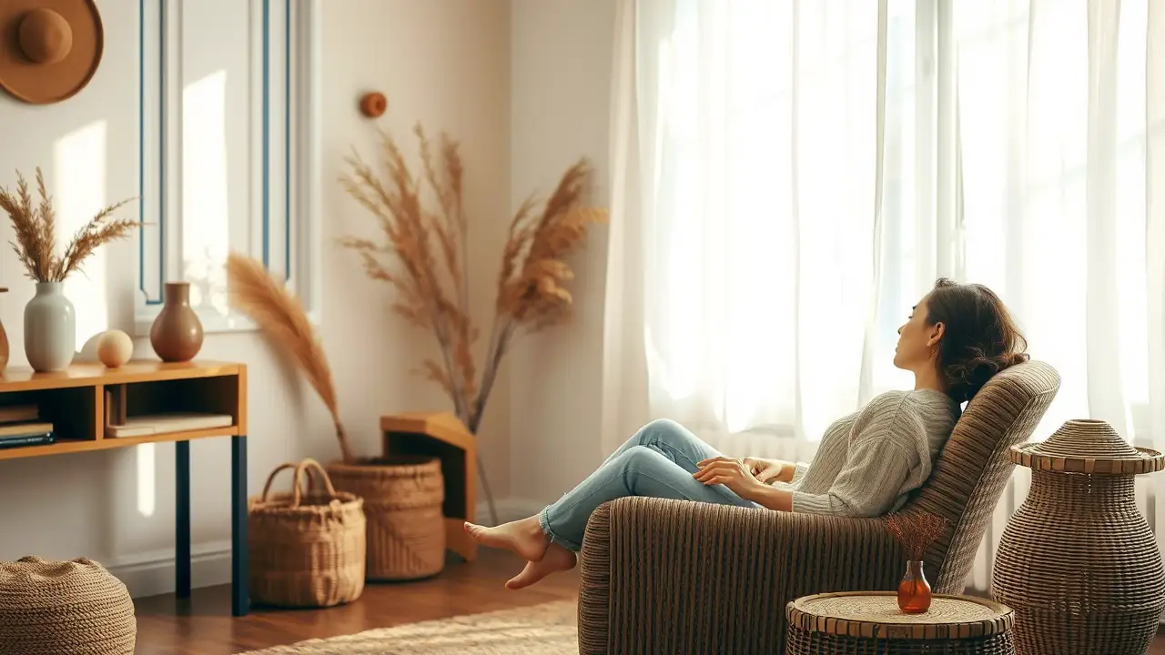 A serene minimalist scene with a woman reading a book, natural light, cozy textures, and calming earthy tones—symbolizing the slow living lifestyle.