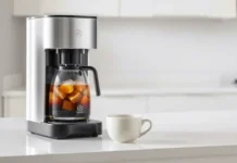 A sleek, modern Cumulus Coffee Machine on a minimalist kitchen counter