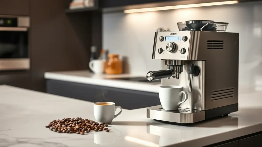 A sleek modern kitchen with a premium stainless steel luxury coffee machine on the countertop
