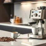 A sleek modern kitchen with a premium stainless steel luxury coffee machine on the countertop