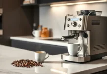 Luxury Coffee Machine: Top 12 Worth the Price A sleek modern kitchen with a premium stainless steel luxury coffee machine on the countertop