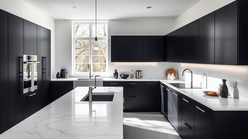 A sleek monochrome kitchen interior with white marble countertops