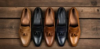 A stylish flat lay of various men's and women's loafers in leather and suede, placed on a wooden surface with soft shadows