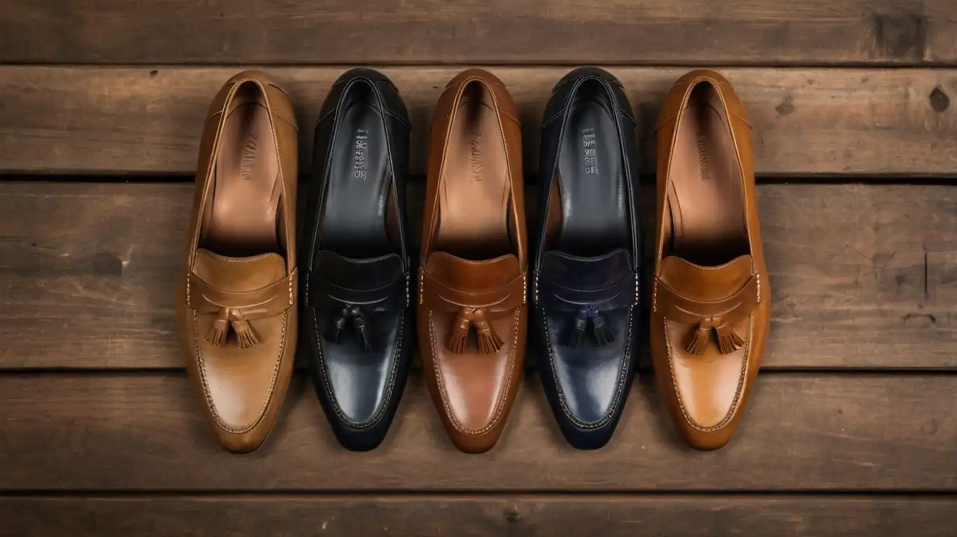 A stylish flat lay of various men's and women's loafers in leather and suede, placed on a wooden surface with soft shadows