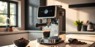 A stylish modern kitchen with an entry level espresso machine