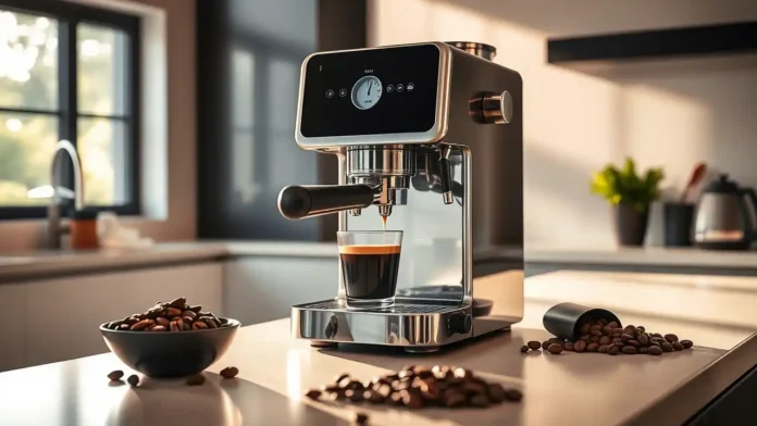 A stylish modern kitchen with an entry level espresso machine