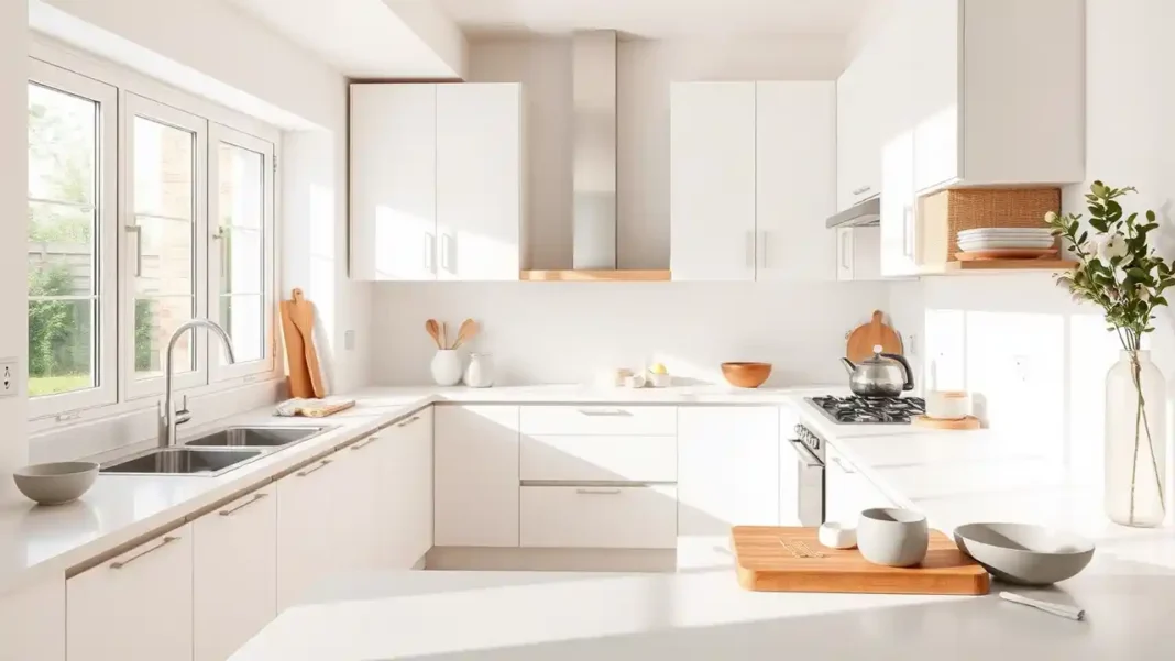 A sunlit, all-white minimalist kitchen with sleek cabinets