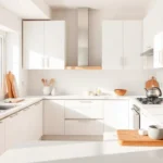 A sunlit, all-white minimalist kitchen with sleek cabinets