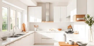 A sunlit, all-white minimalist kitchen with sleek cabinets