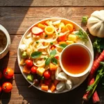 Gut Health: Signs, Foods, and Natural Remedies A vibrant, top-down image of a healthy gut-friendly meal with sauerkraut, vegetables, and tea on a rustic wooden table, featuring gut health