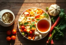 Gut Health: Signs, Foods, and Natural Remedies A vibrant, top-down image of a healthy gut-friendly meal with sauerkraut, vegetables, and tea on a rustic wooden table, featuring gut health