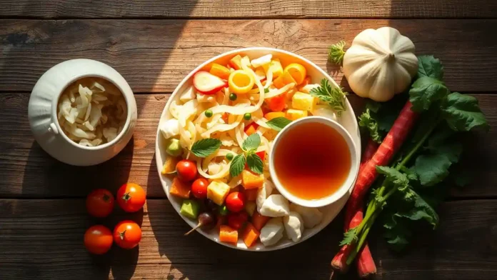A vibrant, top-down image of a healthy gut-friendly meal with sauerkraut, vegetables, and tea on a rustic wooden table, featuring gut health