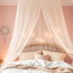 Mosquito Net Canopy for Girls Room A whimsical girls' bedroom featuring a soft pastel dreamy mosquito net canopy draped elegantly over a bed, surrounded by fairy lights and cozy decor.