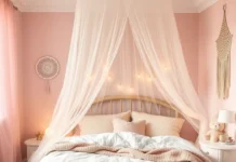 A whimsical girls' bedroom featuring a soft pastel dreamy mosquito net canopy draped elegantly over a bed, surrounded by fairy lights and cozy decor.