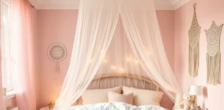 A whimsical girls' bedroom featuring a soft pastel dreamy mosquito net canopy draped elegantly over a bed, surrounded by fairy lights and cozy decor.