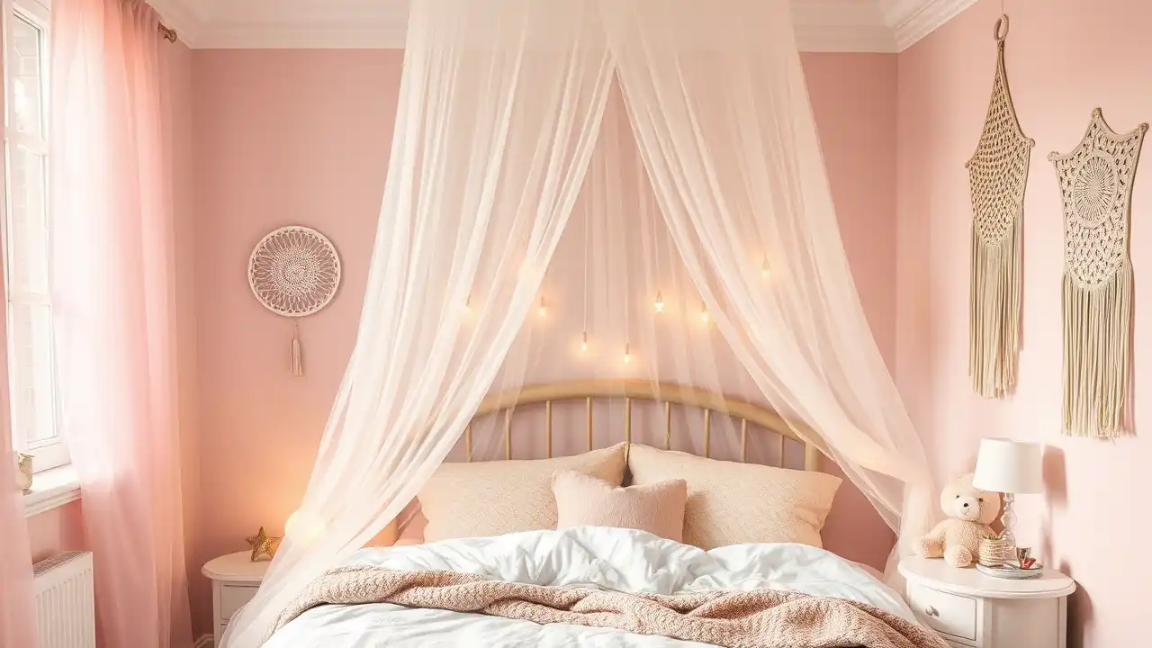 A whimsical girls' bedroom featuring a soft pastel dreamy mosquito net canopy draped elegantly over a bed, surrounded by fairy lights and cozy decor. A whimsical girls' bedroom featuring a soft pastel dreamy mosquito net canopy draped elegantly over a bed, surrounded by fairy lights and cozy decor.