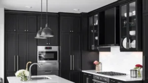 Dark cabinetry in Monochrome Kitchen