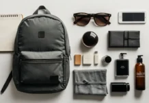 Flat lay of minimalist travel essentials