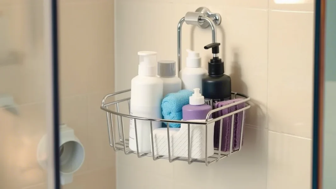 Modern bathroom with a neatly organized chrome shower caddy hanging in the corner