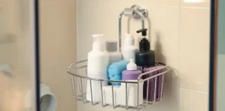 Modern bathroom with a neatly organized chrome shower caddy hanging in the corner